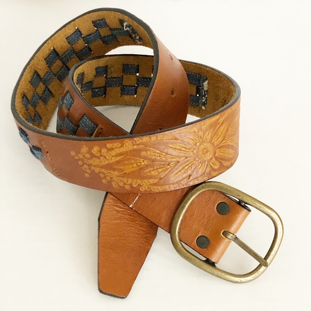 Vtg Leegin 0962 Tooled Leather Western Belt w Denim Woven Checker Board Sz 32